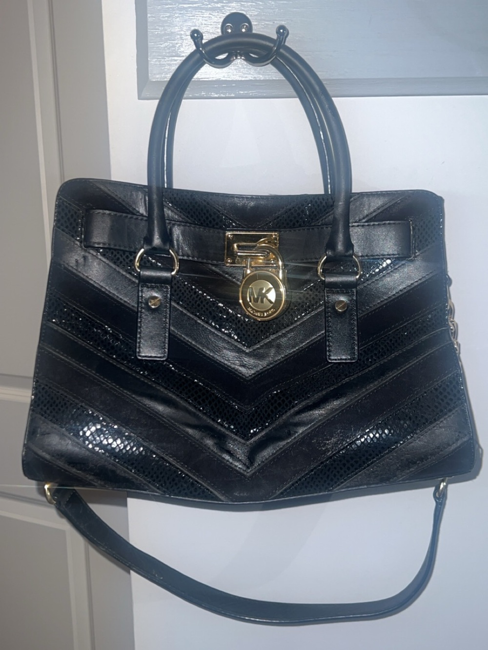 Michael Kors Black Chevron Patent Leather Satchel with Gold Hardware